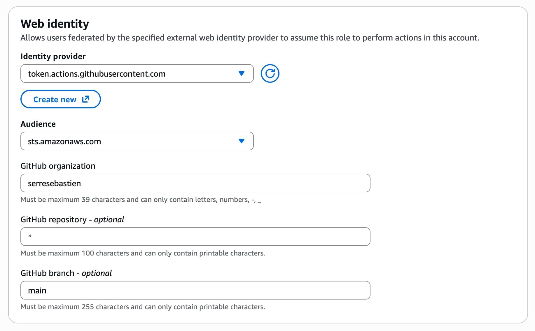 Web Identity Details on AWS Console