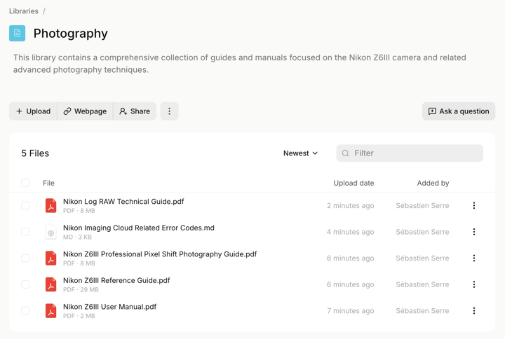 Photography Library Files in Mistral AI Le Chat Screenshot